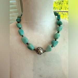 Handmade Necklace - Natural Green Stone intermingled with Green Iridescent Beads